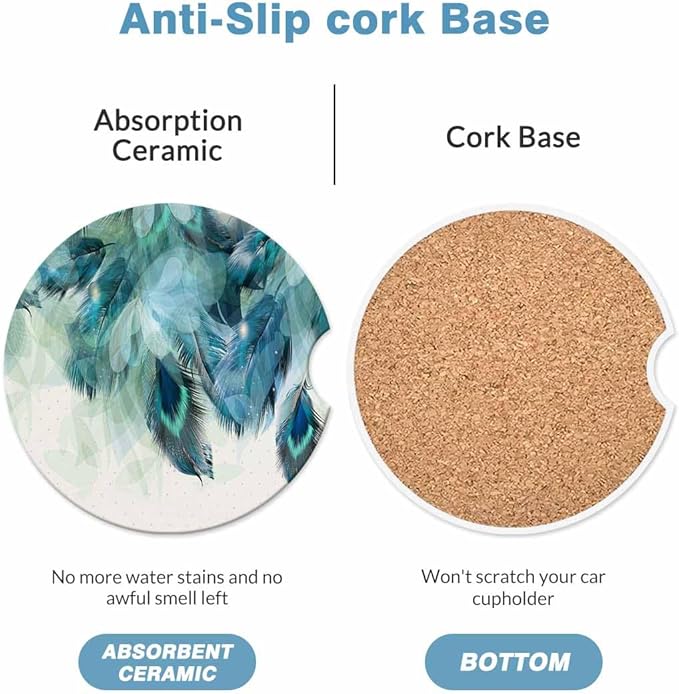 Peacock Feather Car Coasters for Cup Holders Elegance Birds Wings Car Cup Holder Coasters 2 Pack for Car, Anti Slip Ceramic Car Cup Mat with Finger Notch Cute Car Interior Accessories for Women Men