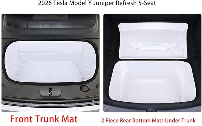Tesla Model Y 2026 Juniper Refresh Full Cover Frunk Mat & Rear Lower Trunk Storage & Inner Storage Mat White Premium Leather Waterproof & Custom Fit
