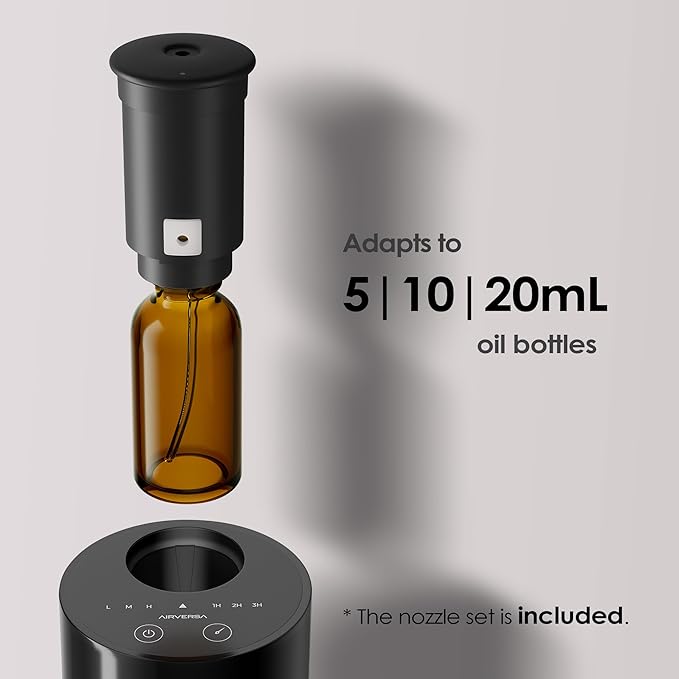 Airversa Waterless Diffuser for Essential Oil, Battery Operated Nebulizer, 0.7 Fl.Oz./ 20mL Capacity, Mini Scent Air Machine, 3 Countdown Timers & 3 Mist Levels for Home, Room, Car, Office - AN6 Black