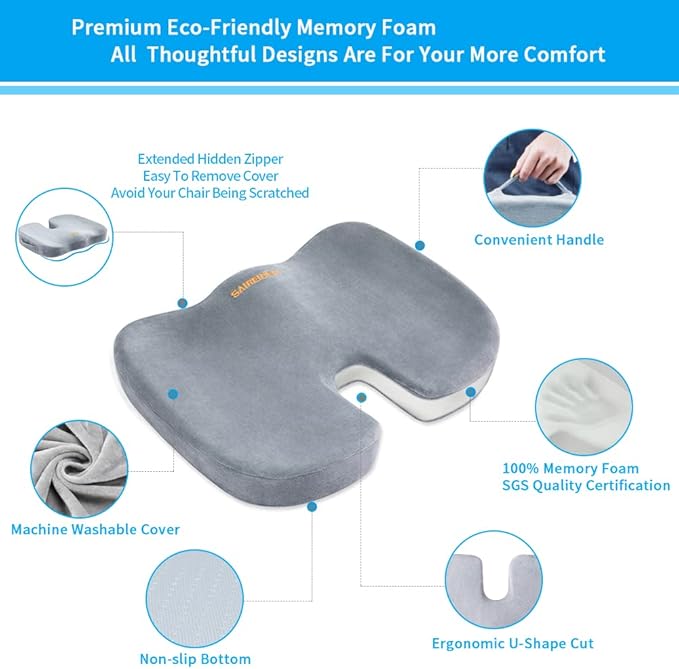 SAIREIDER Seat Cushions for Office Chairs, Memory Foam Coccyx Cushion Pads for Tailbone Pain, Sciatica Relief Pillow, Car Seat Cushion, Correct Sitting Posture (Grey)