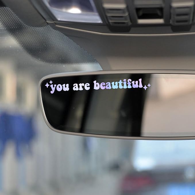 2 x You Are Beautiful Car Mirror Decal, Rearview Mirror Sticker, Women Car Decor, Self Affirmation Car Decal, Car Mirror Sticker, Cute Car Decal, Positivity Sticker (Holographic)