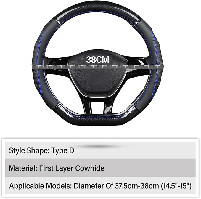 Ergocar Car Steering Wheel Cover Non-Slip Car Steering Wheel Protector Sport D-Shape Carbon Fiber & First Layer Cowhide Universal for Diameter 38cm(15") (D-Black-Blue)