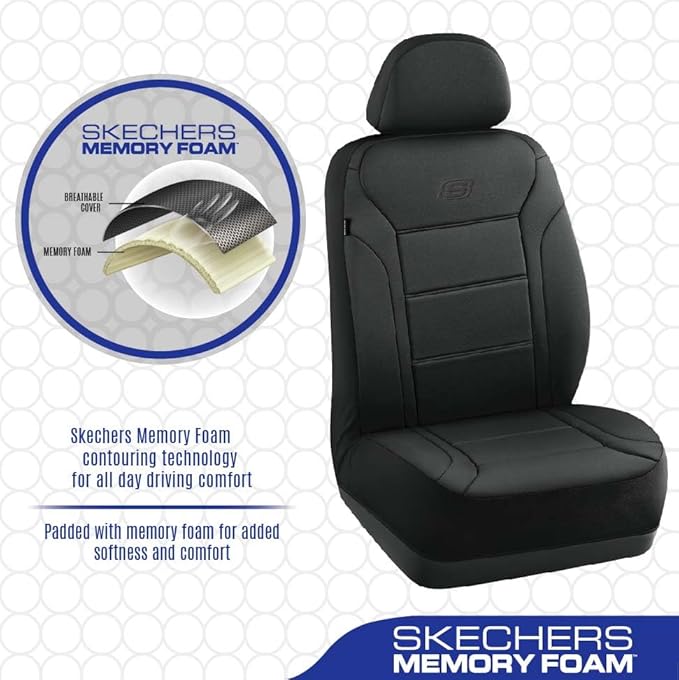 Skechers Memory Foam Car Seat Covers, Lycra Fabric Seat Covers, Seat Cover Full Sets Airbag Compatible, Automotive Comfort Protection for Most Cars, Trucks, SUVs, Black