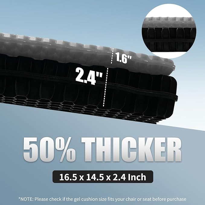 Gel Seat Cushion for Long Sitting - 16.5" x 14.5" x 2.4" (Extra Thick＆Soft) Gel Cushion for People Over 180 lbs, Pressure Relief Cushion for Office Chair, Egg Cushions for Wheelchair, Gel Pad for Car