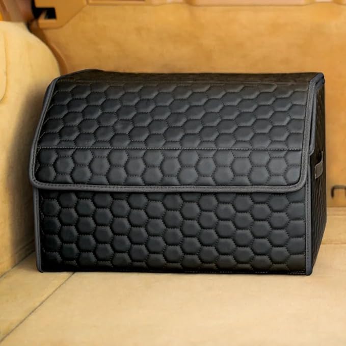 Owleys Cargo Organizer 17.7" - Compact Storage Totes With Lids For SUV, Sedan Or Truck - Durable Car Crate For Travel Essentials - Unique Gifts For Dad (Black 17.7)