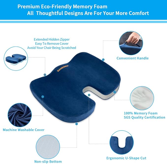 SAIREIDER Chair Cushions for Office, Memory Foam Coccyx Cushion Pads for Tailbone Pain, Car Seat Cushion, Sciatica Relief Pillow, Correct Sitting Posture (Navy Blue)