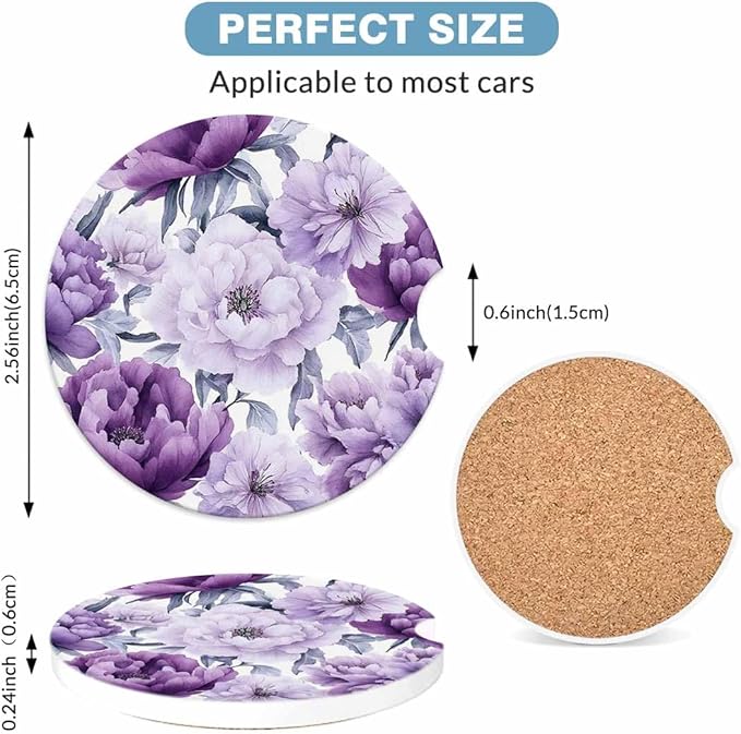 Purple Flower Car Coasters for Cup Holders Car Cup Holder Coasters 2 Pack for Car, Anti Slip Ceramic Car Cup Mat with Finger Notch Cute Car Interior Accessories for Women Men