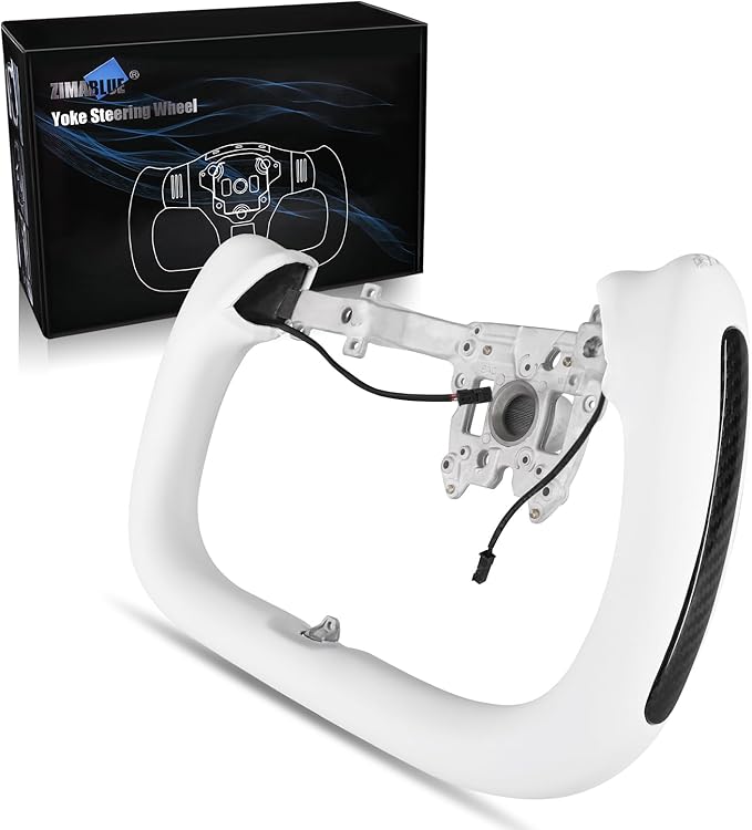 ZIMABLUE Yoke Steering Wheel For Tesla Model 3 Highland Accessories 2024 2025, White Nappa Leather with Side Glossy Carbon Fiber for Tesla Model 3 Highland 2024-2025 With Heating Function