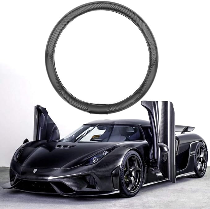 SEG Direct Car Steering Wheel Cover Small-Size for Prius Civic Model 3 Model Y Camaro Rogue with 14"-14 1/4" Outer Diameter Leather with Carbon Fiber Pattern Black