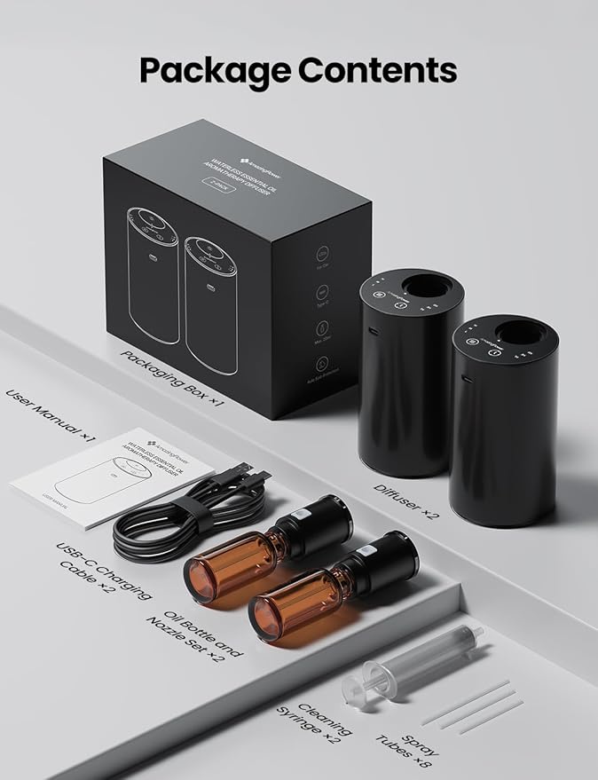 Waterless Essential Oil Diffuser, Portable Aromatherapy Diffuser with 20mL Capacity, Battery Operated Mini Scent Diffuser,3 Mist Levels & Timers, Leak-Free, for Home, Car, Office (Black 2 Pack)