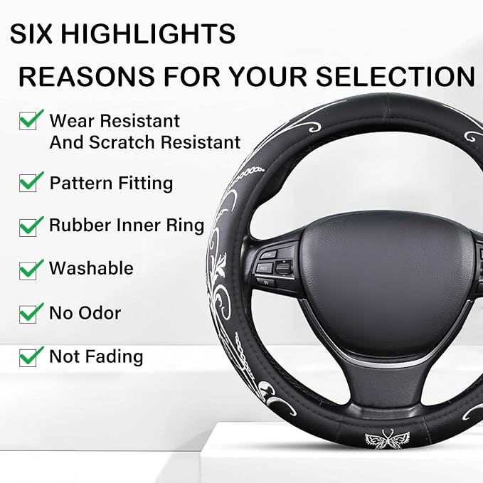 White Embroidery Butterfly Car Steering Wheel Cover,14.5-15 Inch Universal Leather Covers Breathable Anti-Slip Odorless Steering Wheels Accessories for Men Women