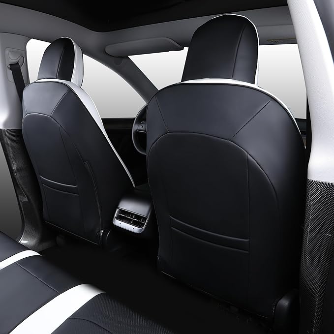 Suitable for Tesla Model Y Seat Covers, Waterproof Faux Leather Car Seat Covers Full Set for Tesla Model Y 2020 2021 2022 2023 2024 (Black+ White)