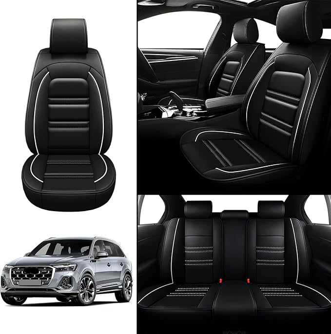 Seat Covers for Audi q7 2017-2025 | 5-Seats Leather Seat Covers, Easy to Install Automotive Seat Covers Full Set (Full Set, Black&White Line)