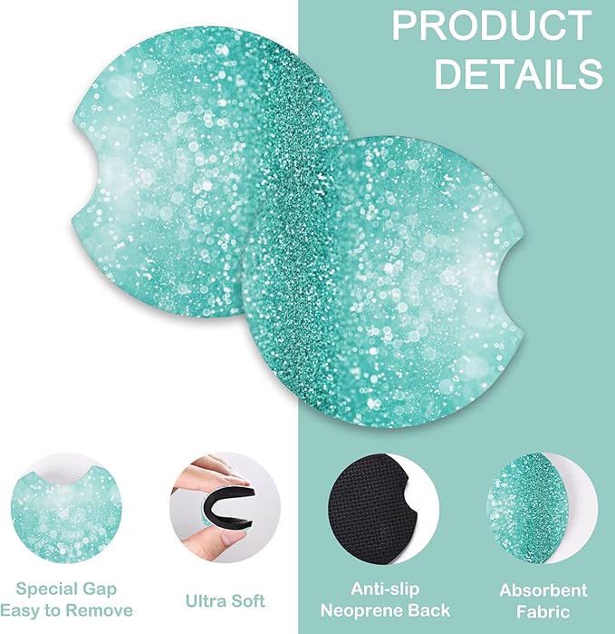 Teal Turquoise Green Glitter Bling Steering Wheel Cover for Women Men,Anti-Slip Breathable Car Steering Wheel Cover Elastic Protection with 2 Pieces Car Coasters,Universal 15" Fit Auto,Suvs,Truck
