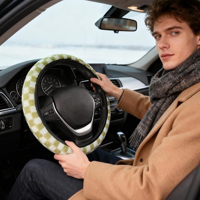 Green and White Checkered Fuzzy Steering Wheel Cover for Women, Universal Auto Steering Wheel 14-15 Inch Soft Warm Car Interior Accessories with 2PCS Car Coasters, Suitable for Men and Women