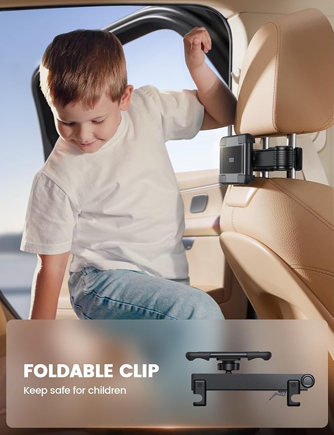 Aomiker Car Headrest iPad Holder - [Aluminium Lockable Arm] Universal Car Tablet Mount Backseat with Foldable Wide Clip, Road Trip Essentials for Kids, for iPad Pro, Air, Mini, Galaxy, 6.1-13” Device