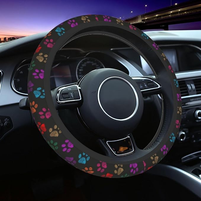 Paw Prints Steering Wheel Cover with 2 Car Coasters Non Slip Neoprene for Women Men Universal 15 Inch