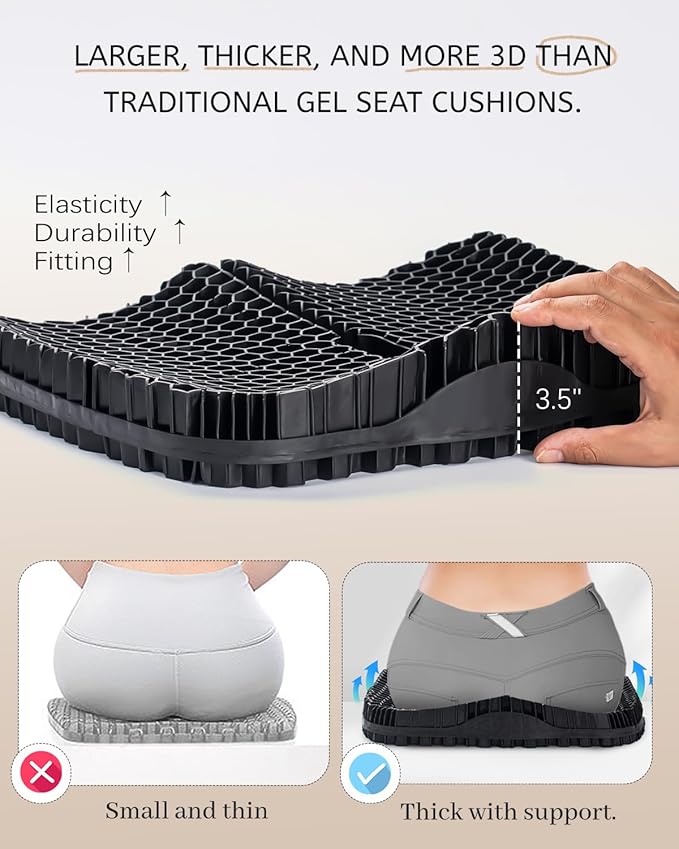 Gel Seat Cushion for Long Sitting & Hip Pain Relief (Large Size) - Cooling 3D Cushions for Office Chair, Car, Wheelchair, Breathable & Non-Slip Cover with Pressure Relief Technology