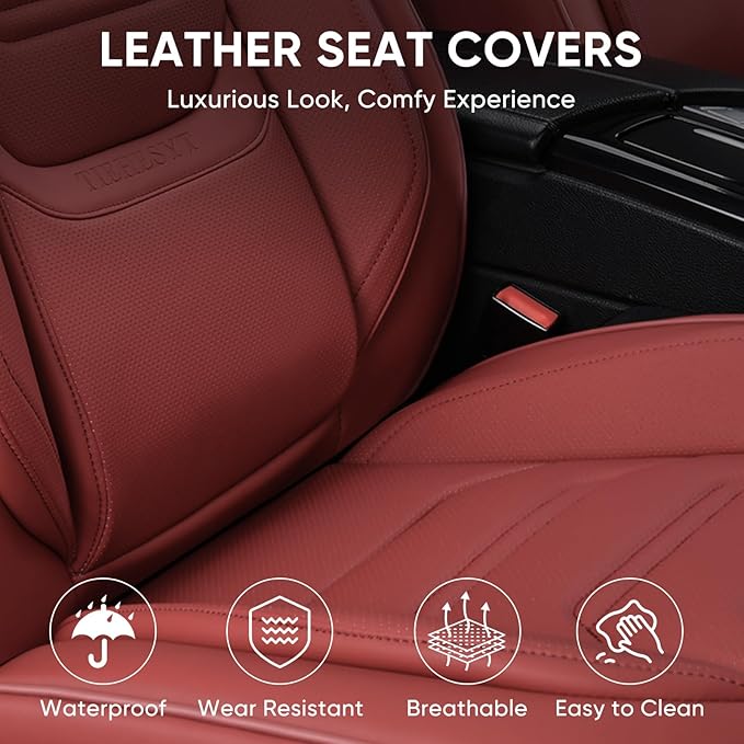 Wine Red Car Seat Covers Full Set, Breathable Leather Automotive Front and Rear Seat Covers & Headrest for Comfortable Driving, Universal Auto Interior Fit for Most Kinds of Vehicles, Cars