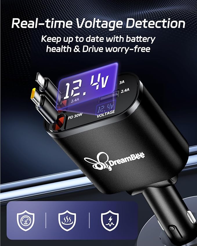 DreamBee Retractable Car Charger,66W 4 in 1 Super Fast Charge Car Phone Charger,Retractable Cables (31.5 inch) and 2 USB Ports Car Charger Adapter for iPhone 17/16/15/14/13/12 Pro Max XR,iPad,Samsung
