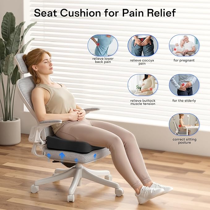 Seat Cushions for Office Chairs - Pressure Relief Seat Cushion - Car Seat Cushions for Pressure Relief, Tailbone Pain, Sciatica & Back Pain Relief for Office Chairs (Jet Black)