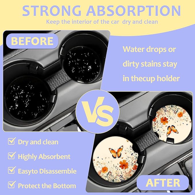 2 Pack Car Cup Holder Coaster-Butterfly Floral Absorbent Ceramic Coaster, Car Coasters for Cup Holders,Auto Accessories for Women & Men