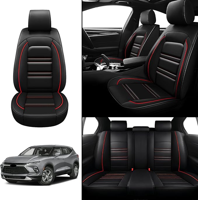 Seat Covers for Chevy Blazer 2019-2025 | 5-Seats Leather Seat Covers, Easy to Install Automotive Seat Covers Full Set (Full Set, Black&Red Line)