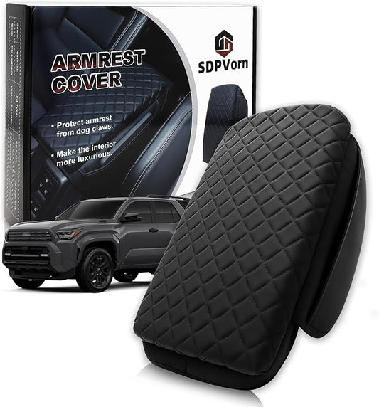 Armrest Cover for Toyota 4Runner Center Console Pad with Organizer Storage Pockets, Black Faux Leather Arm Rest Lid Protector Cushion Interior Accessories (2025-2026)