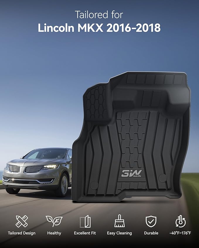 3W Floor Mats for Lincoln MKX 2016 2017 2018 & Lincoln Nautilus 2019-2022, Custom Fit TPE All Weather Floor Liners, 1st & 2nd Row Full Set, Black