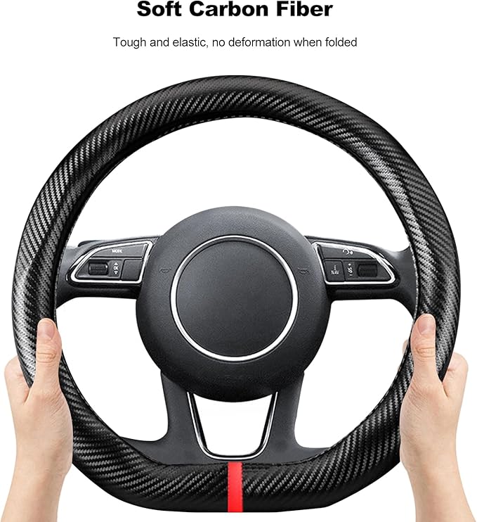 Ergocar Carbon Fiber Material Steering Wheel Cover Anti-Slip Breathable Sweat Absorbent Fashionable Sport Steering Wheel Sleeve for D-Shaped Diameter 15"（37.5-38cm）-Black Stripe