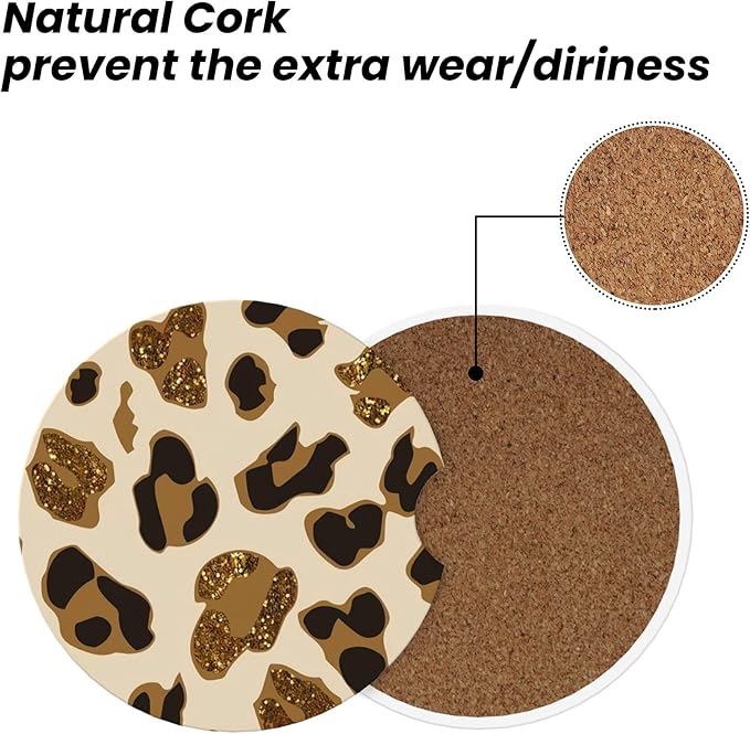 Absorbent Car Coasters for Cup Holders, 2 Pack Universal Anti Slip Ceramic Cup Coaster for Women Men 2.56 Inch Car Interior Accessories - Brown Gold Leopard 006