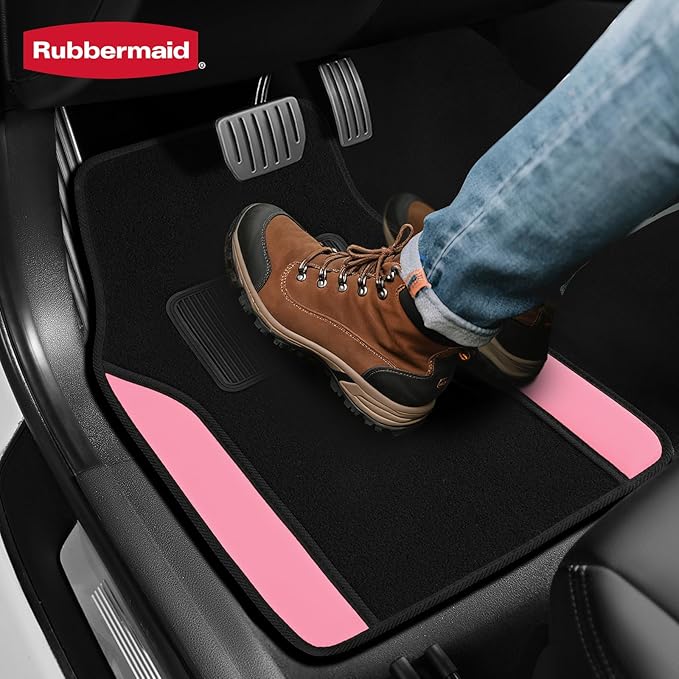 Rubbermaid Car Mats, Carpeted Floor Car Mat with Faux Leather & Built-in Heel Pad, Two-Tone Car Rug Floor Mats, Stylish Carpeted Floor Mats for Cars, Trucks & SUVs Pink Color