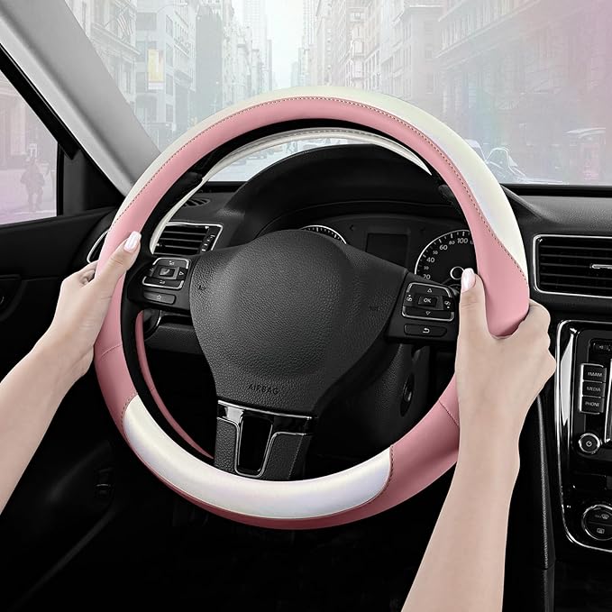 Road Comforts Steering Wheel Cover – Breathable Leather Steering Wheel Cover, Anti-Slip Grip, Universal Fit 14.5” to 15”, Heat & Cold Resistant for Cars, SUVs, and Trucks –Shining White & Pink