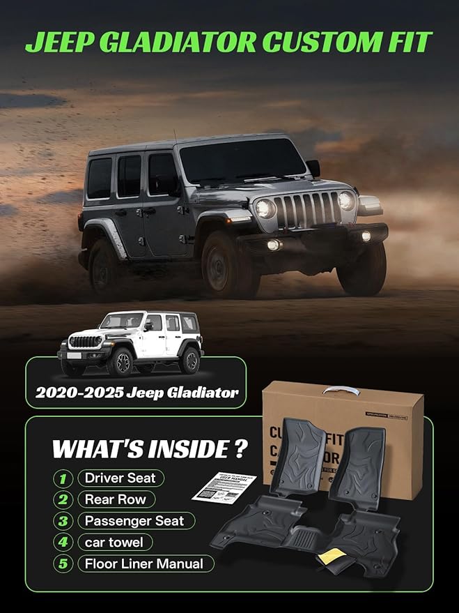TPE All-Weather Floor Mats for Jeep Gladiator JT 2020-2025 | Custom Fit Floor Liners | 1st & 2nd Row Protection | Durable, Odorless, Easy to Clean (3-Piece Set, Black)