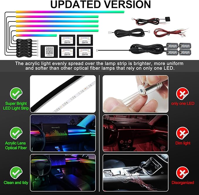 Dreamcolor Acrylic Interior Car LED Strip Light with Wireless APP, RGB 10 in 1 with 175 inches 593 LEDs Fiber Optic Ambient Lighting Kits, 16 Million Colors Sound Active Function Car Neon Lights