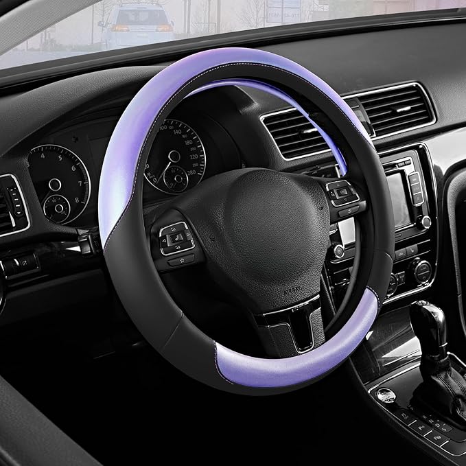 Road Comforts Steering Wheel Cover – Breathable Leather Steering Wheel Cover, Anti-Slip Grip, Universal Fit 14.5” to 15”, Heat & Cold Resistant for Cars, SUVs, and Trucks – Black & Shining Purple