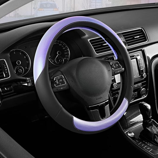 Road Comforts Steering Wheel Cover – Breathable Leather Steering Wheel Cover, Anti-Slip Grip, Universal Fit 14.5” to 15”, Heat & Cold Resistant for Cars, SUVs, and Trucks – Black & Shining Purple