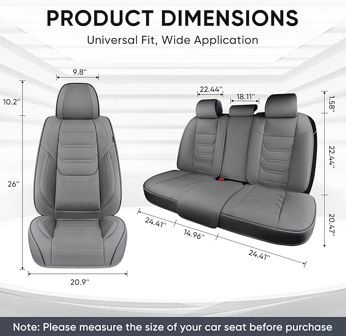 Gray Car Seat Covers Full Set, Breathable Leather Automotive Front and Rear Seat Covers & Headrest for Reduce The Driving Fatigue, Compatible with Most Vehicles, Cars