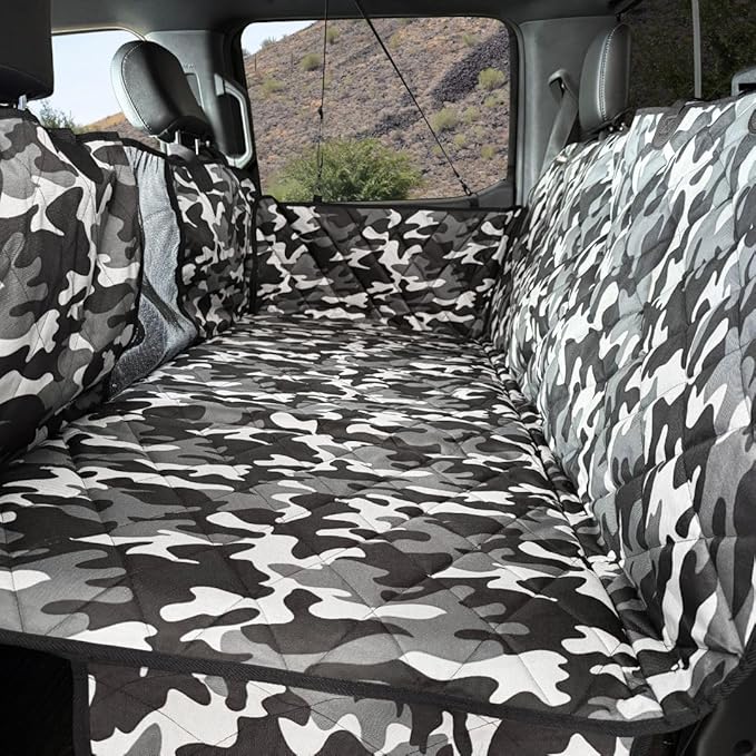 4Knines Hard Bottom Back Seat Extender for Dogs – Waterproof Dog Car Seat Cover – Heavy Duty Backseat Protector for Cars, SUVs, Trucks – Built-in EZ Open Door Protector (Camo, XL)
