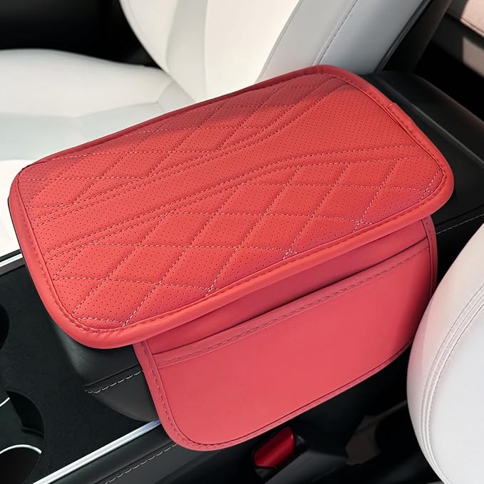 Upgraded Car Center Console Cover Microfiber Leather Armrest Cover Cushion with 2 Storage Bags&Universal Car Armrest Storage Box Universal Car Interior Accessory (2 Pockets, Red)