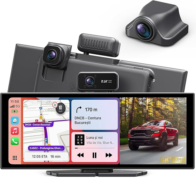 Portable Wireless CarPlay Screen, 10.26" Fully Laminated IPS Touch Screen Car Stereo with Wireless CarPlay & Android Auto, 4K Front 2.5K Rear Dash Cam,1080P Backup Camera,Super Link,Plug & Play