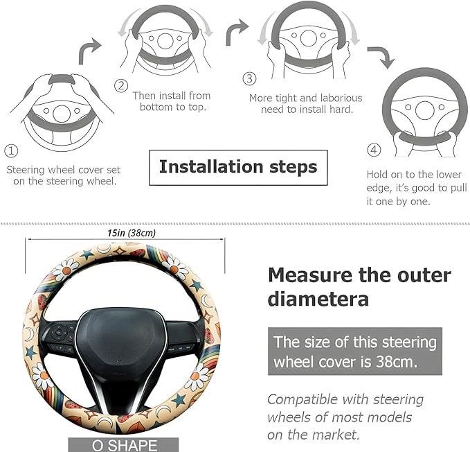 Rainbow Love&Peace Steering Wheel Cover Auto Jacquard Steering Wheel Protector, Anti-Slip, Breathable, Absorbing Sweat, Universal Car Accessories 14.5–15 inch,Fit for Most Car, Trucks, SUV