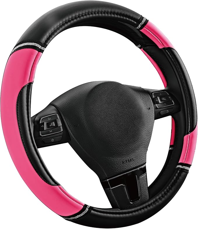 Road Comforts Leather Steering Wheel Cover - Made with PVC Leather - Anti-Slip, Universal Fit 14 1/2 inches to 15 inches - Hot Pink