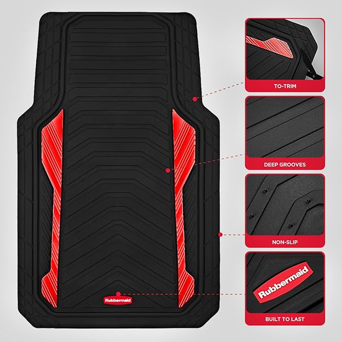 Rubbermaid Car Floor Mat, Heavy Duty All-Weather Car Mats Full Set with Dual-Tone Red Aluminum Inserts – Universal Fit, Anti-Slip Backing, Trim-to-Fit for Most SUV, Sedan, Van