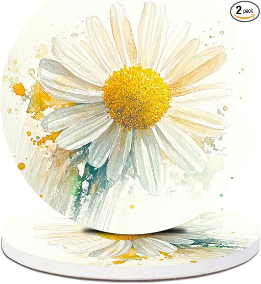 2 Pack Car Cup Holder Coaster-Watercolor Daisy Floral Absorbent Ceramic Coaster, Car Coasters for Cup Holders,Auto Accessories for Women & Men