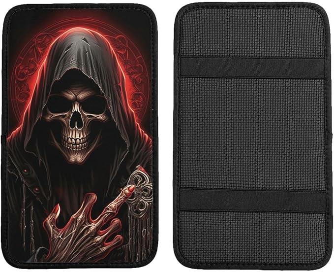 Universal Car Center Console Cushion Pad, Cool Red Skull Soft Waterproof Car Center Console Cover Auto Armrest Seat Box Cover Protector for Most Vehicle SUV Truck Car