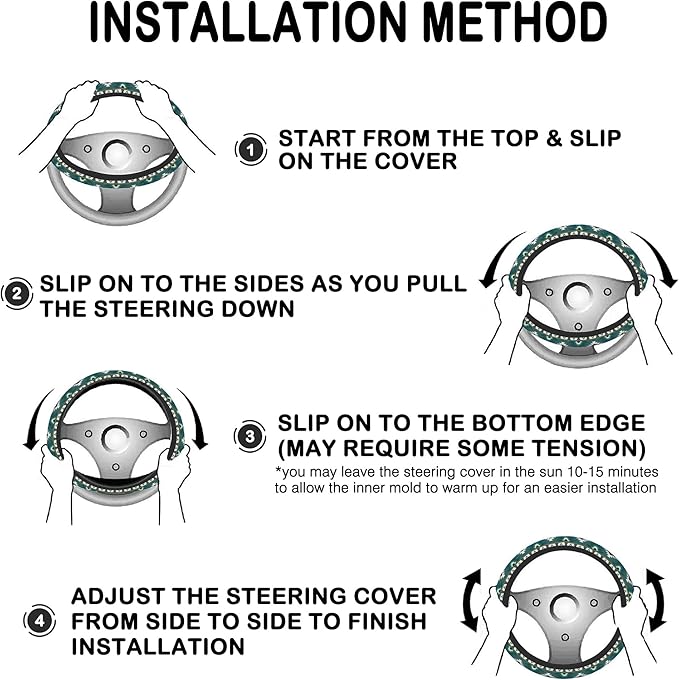 Green Tribal Geometric Steering Wheel Cover for Women, Anti-Slip Car Steering Wheel Cover with 2 Pcs Cup Holders Neoprene Breathable Car Accessories Universal 15 Inch Auto Interior Decor