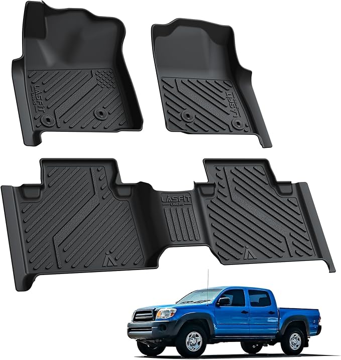 LASFIT Floor Mats for Toyota Tacoma 2005-2011 Access Cab Auto Tran, All Weather Custom Fit Floor Liner for Tacoma Second Row Optional with Center Storage Box,TPE Mats Front&Rear 2 Row, Black