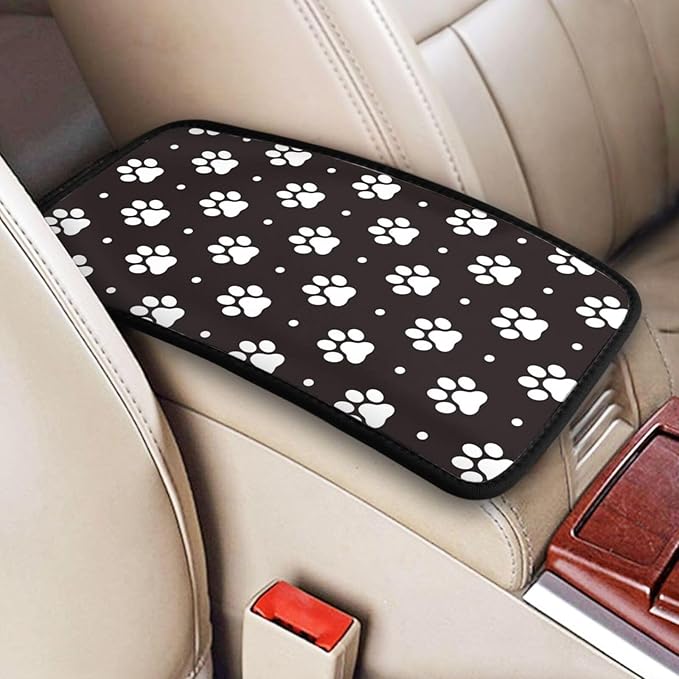Paw Dog Paw Prints Black and White Foot Print Puppy Auto Center Console Armrest Pad Universal Car Center Console Cover Seat Box Cover for Sedan, Van, SUV, Truck Car Accessorie