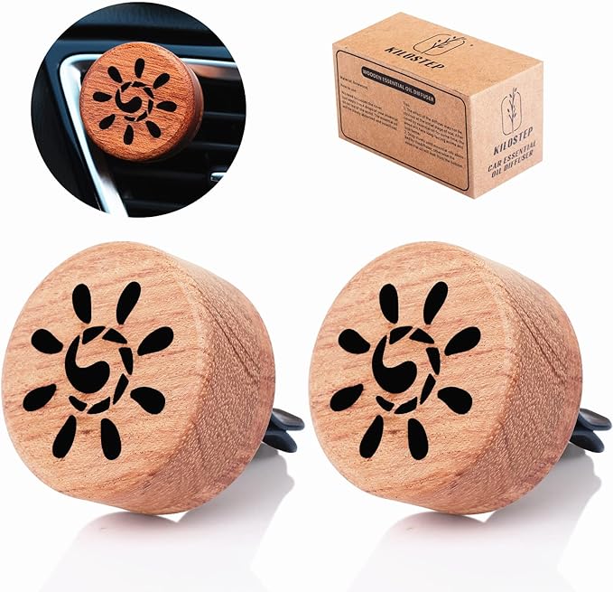 Essential Oil Car Diffuser, 2 PCS Sunshine Car Aromatherapy Sun Wood Diffuser with Vent Clip